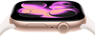 Apple Watch Series 11, boîtier en aluminium or rose, cadran Responsive Art, côté droit : Digital Crown, microphone, bouton latéral, Bracelet Sport rose tendre