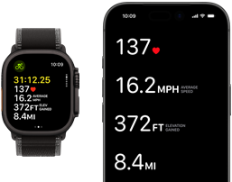 Les données d’un exercice en cours sur une Apple Watch Ultra 3 et un iPhone