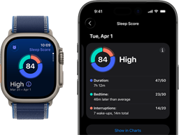 Apple Watch Ultra 3, boîtier en titane naturel, score de sommeil à l’écran, décomposition sous forme de graphique circulaire, score au centre, bracelet, Boucle Trail bleue