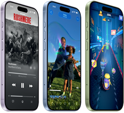 Plusieurs iPhone 17, face avant, côté, présentant Apple Music, une lecture vidéo, des jeux vidéo, boutons : Action, réglage du volume