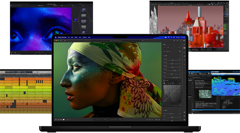 Différents contenus colorés affichés à l’écran dans des apps de production musicale, de montage vidéo, d’animation 3D et de retouche photo sur Mac, illustrant les puissantes performances graphiques