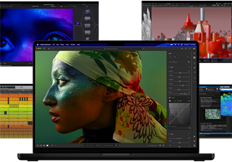 Différents contenus colorés affichés à l’écran dans des apps de production musicale, de montage vidéo, d’animation 3D et de retouche photo sur Mac, illustrant les puissantes performances graphiques