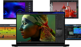 Différents contenus colorés affichés à l’écran dans des apps de production musicale, de montage vidéo, d’animation 3D et de retouche photo sur Mac, illustrant les puissantes performances graphiques