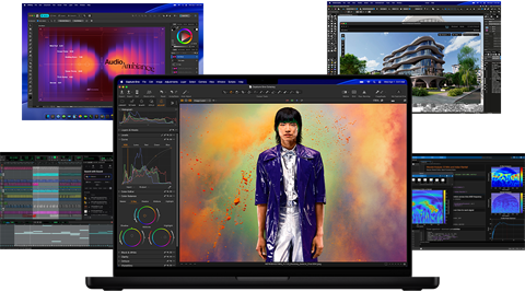 Différents contenus colorés affichés à l’écran dans des apps de production musicale, de montage vidéo, d’animation 3D et de retouche photo sur Mac, illustrant les puissantes performances graphiques