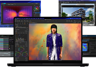 Différents contenus colorés affichés à l’écran dans des apps de production musicale, de montage vidéo, d’animation 3D et de retouche photo sur Mac, illustrant les puissantes performances graphiques