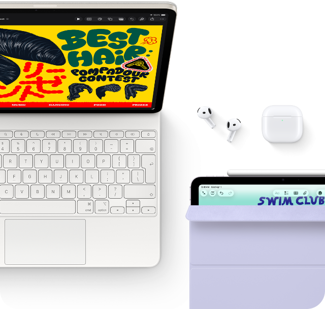 iPad Air, coloris lumière stellaire, écran affichant des graphismes colorés, fixé à un Magic Keyboard, à côté des accessoires Airpods Pro et Apple Pencil Pro 19