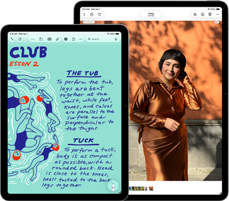 Deux iPad Air, modèles 11 pouces et 13 pouces, le modèle 11 pouces affiche du texte coloré dans l’app Notes, le modèle 13 pouces affiche la photo d’une personne dans l’app Photos